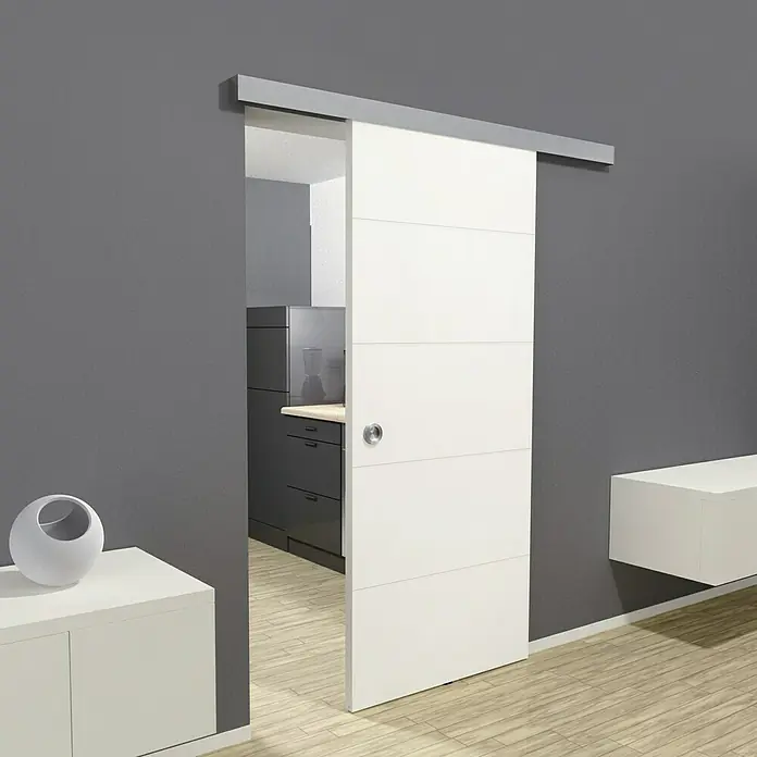 Kilsgaard Schiebetür-Komplettset Lines (935 x 2.050 mm, Weiß lackiert, ähnlich RAL 9010; Edelstahloptik, Wabe)