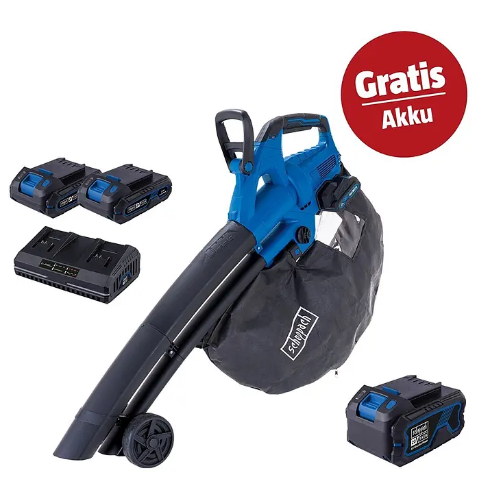 Scheppach IXES 20V Akku-Laubbläser-Set BC-BLV720-X Set S2 (40 V, 3 Akkus, 2 Ah, Blasgeschwindigkeit: 210 km/h, Blasleistung: 720 m³/min)