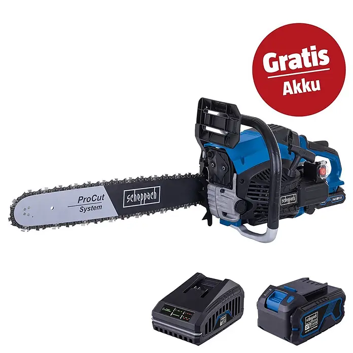 Scheppach IXES 20V Benzin-Kettensäge Set PCS56E (2.300 W, 56 cm³, Schwertlänge: 51 cm, Max. Aststärke: 47 cm)