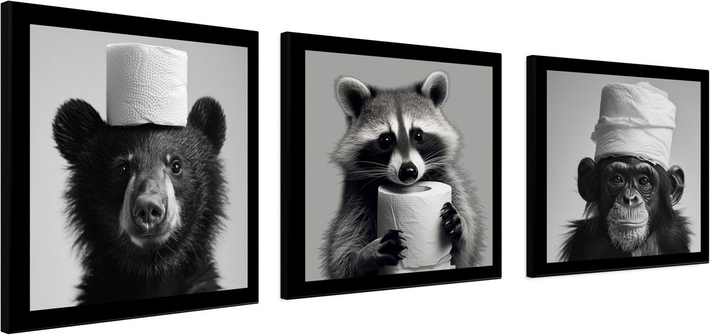 Bönninghoff Bild mit Rahmen 3er-Set gerahmte Bilder WC Tiere 3x23x23 cm – Tiermotiv modern, Affen, Humor, Tiere, mehrteiliges Bilder-Set, harmonisch aufeinander abgestimmt