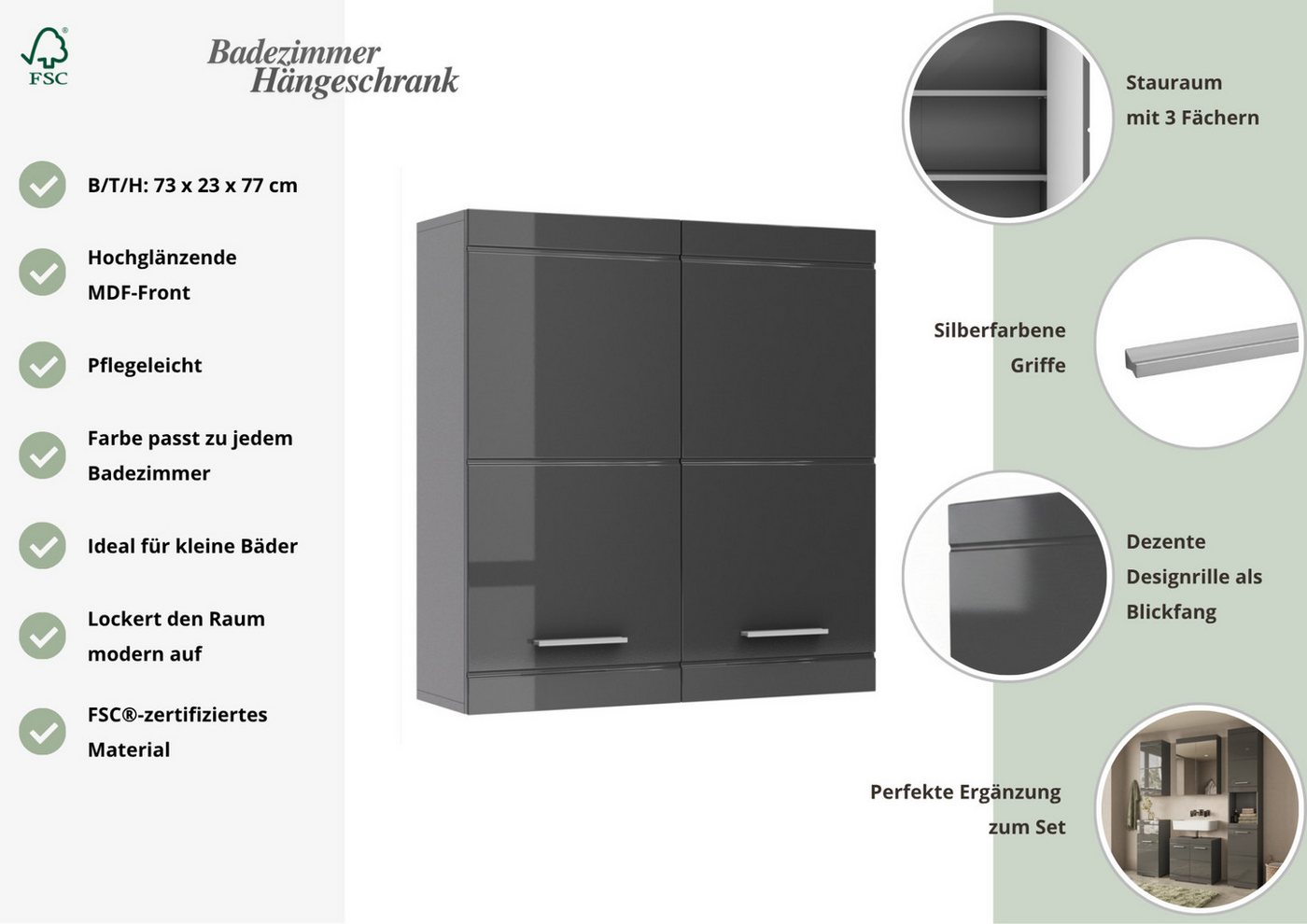 OTTO home Hängeschrank Avena, Badschrank, Badezimmerschrank, Badmöbel Breite 72,8 cm, 2 Türen, minimalistisch, zeitlos, hochglänzend Bild 4