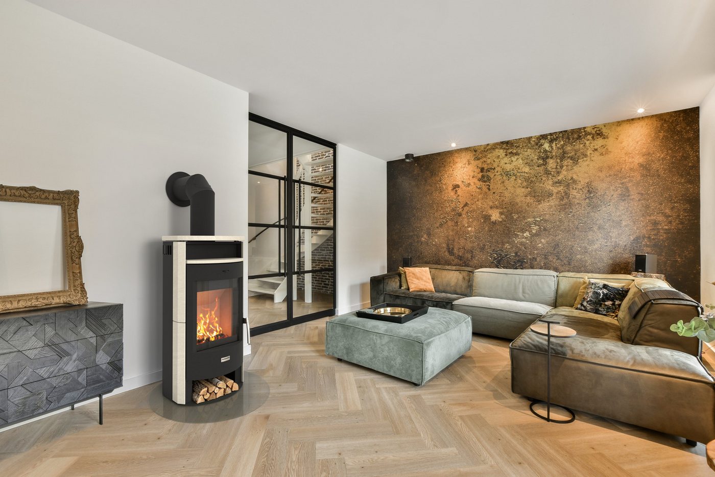 Hanseatic Kaminofen MAIA Naturstein Limestone, Lieferung bis ins Wohnzimmer, 6,2 kW, Zeitbrand, NEU und Exklusiv, toller Kontrast zwischen Stein und Stahl