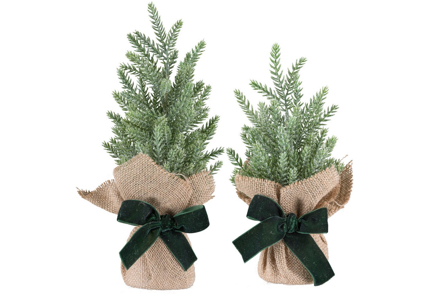 Winterliche Kunstpflanze 2 Koniferenbäumchen im Jutesack, 21 und 27cm hoch, OTTO home, Höhe 27 cm, mit dekorativer Schleife, Weihnachtsdeko mit dezenter Frostoptik