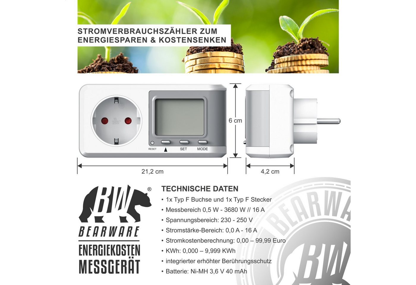 BEARWARE Energiekostenmessgerät 3er Set Energiekostenmessgerät Strommessgerät Steckdose, 3-tlg., Strommessgerät für Typ F Buchse mit Berührungsschutz, 0,0 A -16 A