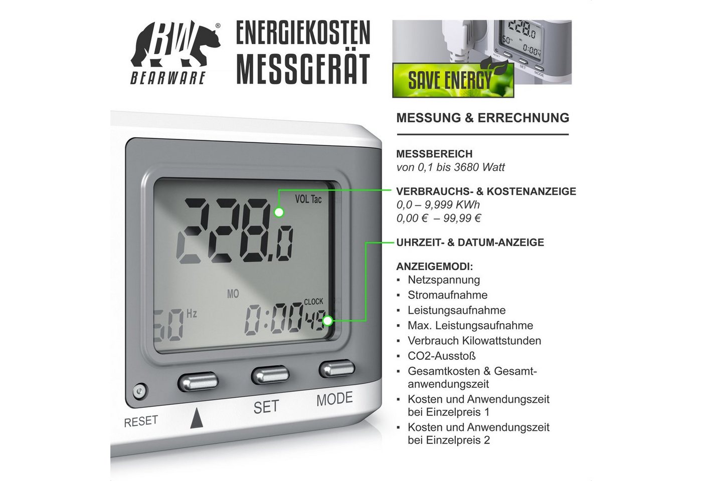 BEARWARE Energiekostenmessgerät 3er Set Energiekostenmessgerät Strommessgerät Steckdose, 3-tlg., Strommessgerät für Typ F Buchse mit Berührungsschutz, 0,0 A -16 A Bild 4