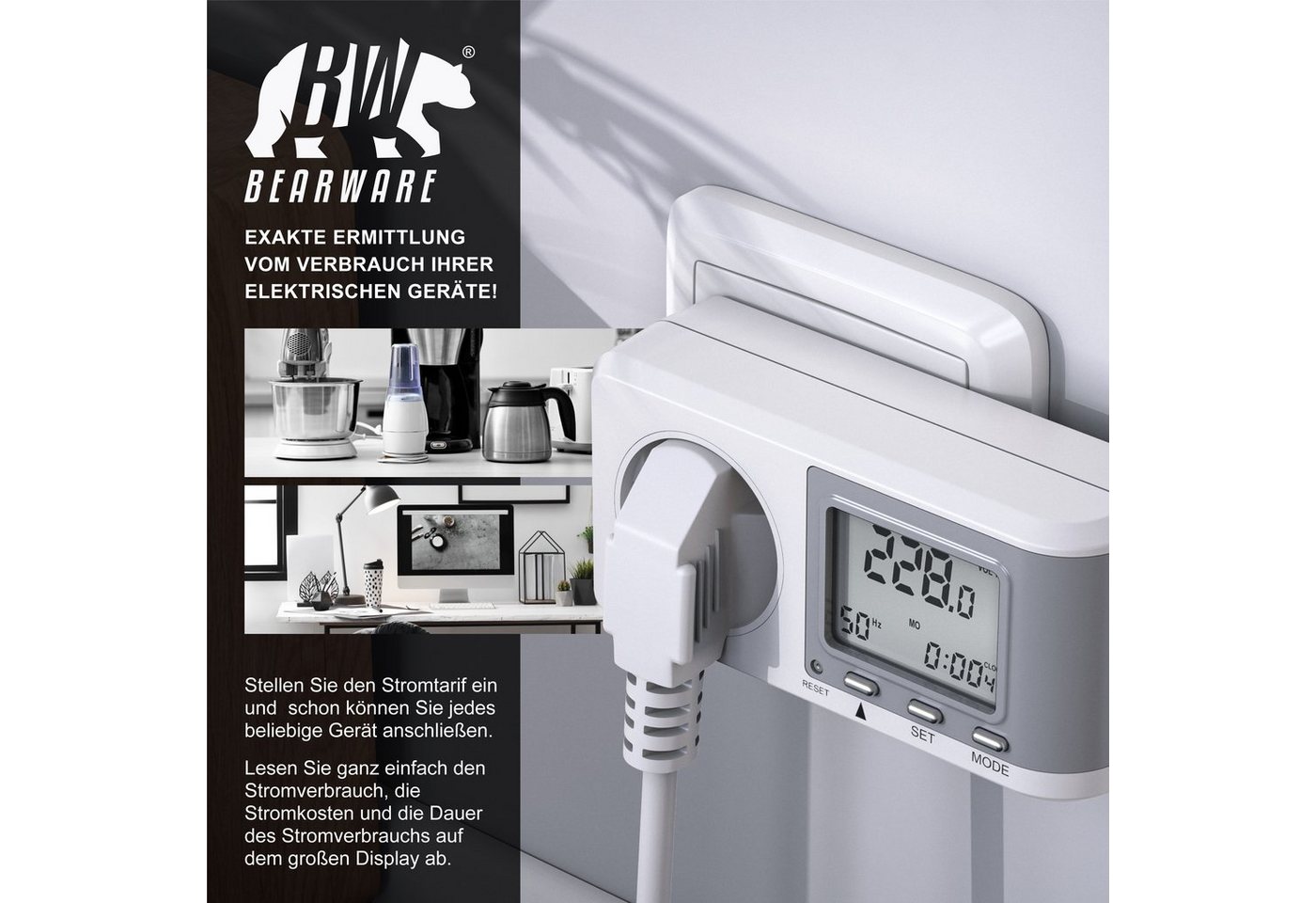 BEARWARE Energiekostenmessgerät 3er Set Energiekostenmessgerät Strommessgerät Steckdose, 3-tlg., Strommessgerät für Typ F Buchse mit Berührungsschutz, 0,0 A -16 A Bild 5