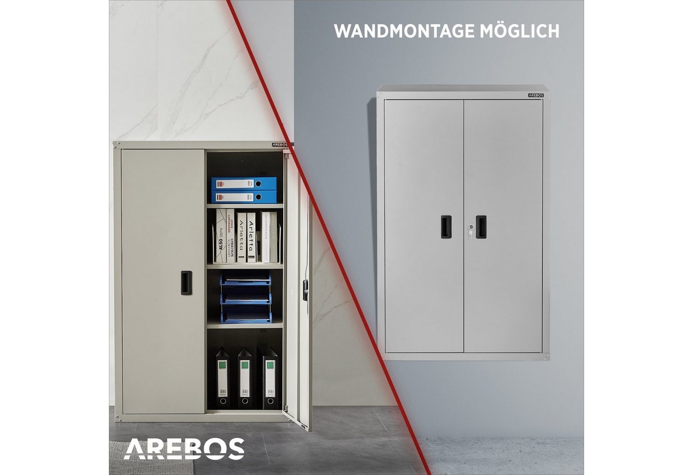 Arebos Aktenschrank Büroschrank Materialschrank Stahlschrank 140x90x40 cm (Stück, grau) Max. Belastbarkeit: 40 kg / je Fach Bild 4
