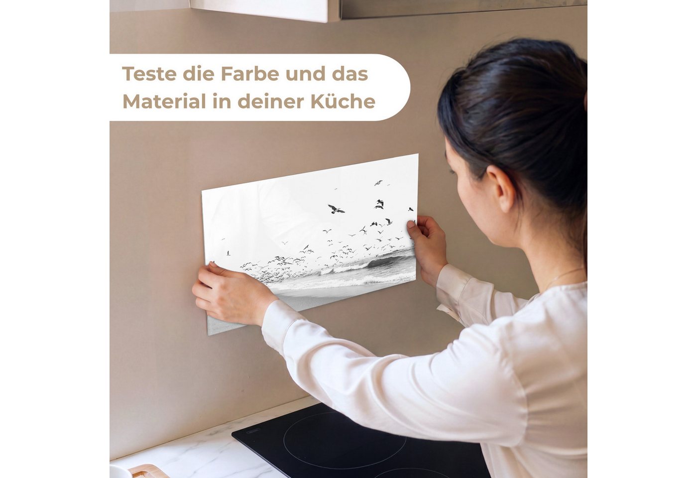 KitchenYeah Küchenrückwand Muster selbstklebend (keine Folie) Strand - Meer - Wellen - Vögel - Na, (1-tlg), Spritzschutz, Küche, Rückwand, Küchenwand, Küchenfront, 30x20 cm