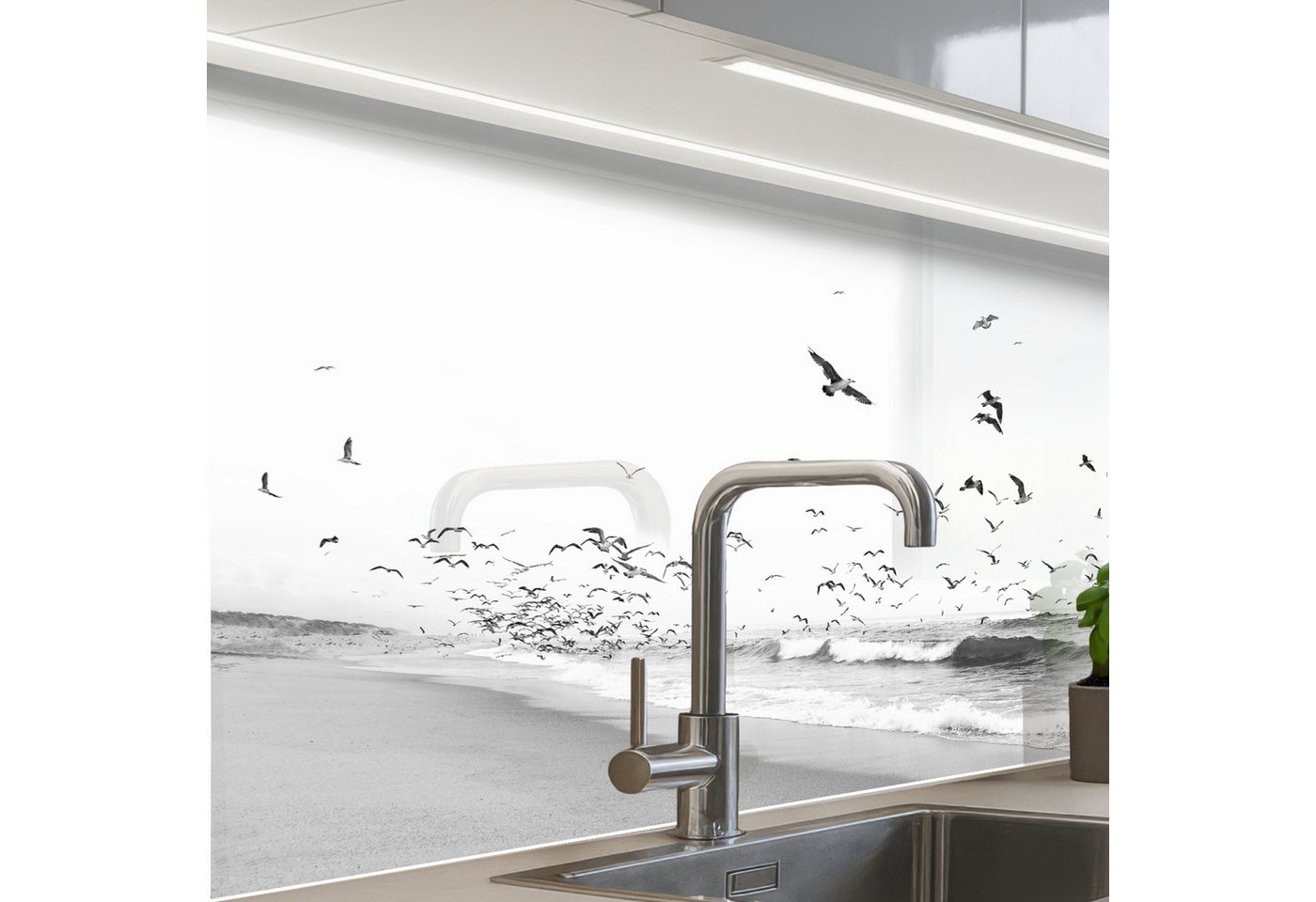 KitchenYeah Küchenrückwand Muster selbstklebend (keine Folie) Strand - Meer - Wellen - Vögel - Na, (1-tlg), Spritzschutz, Küche, Rückwand, Küchenwand, Küchenfront, 30x20 cm Bild 3