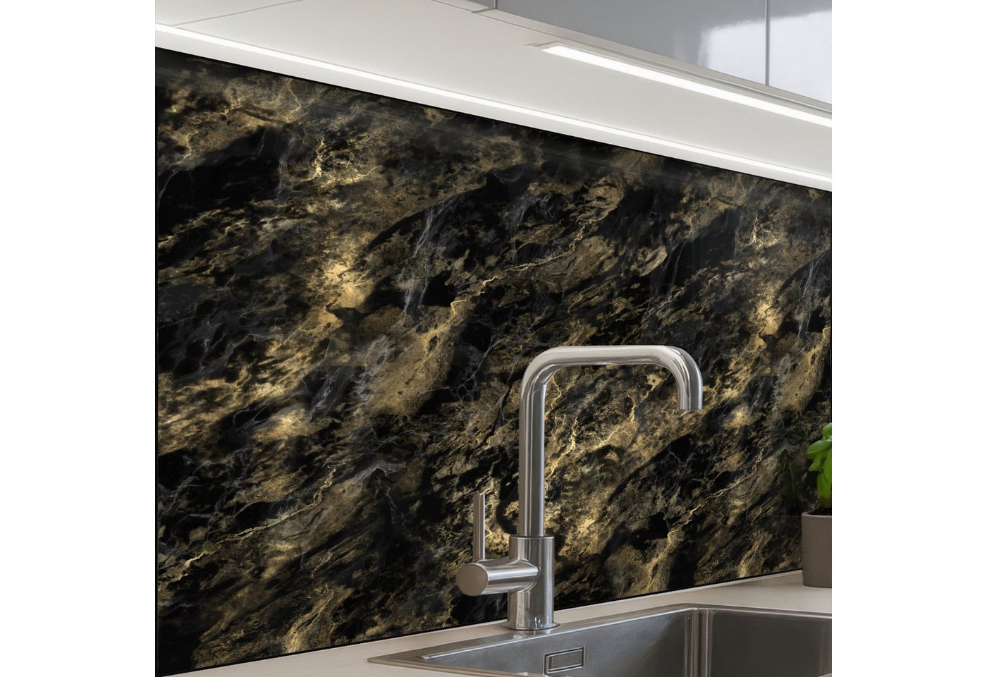 KitchenYeah Küchenrückwand Muster selbstklebend (keine Folie) Marmor - Schwarz - Gold, (1-tlg), Spritzschutz, Küche, Rückwand, Küchenwand, Küchenfront, 30x20 cm