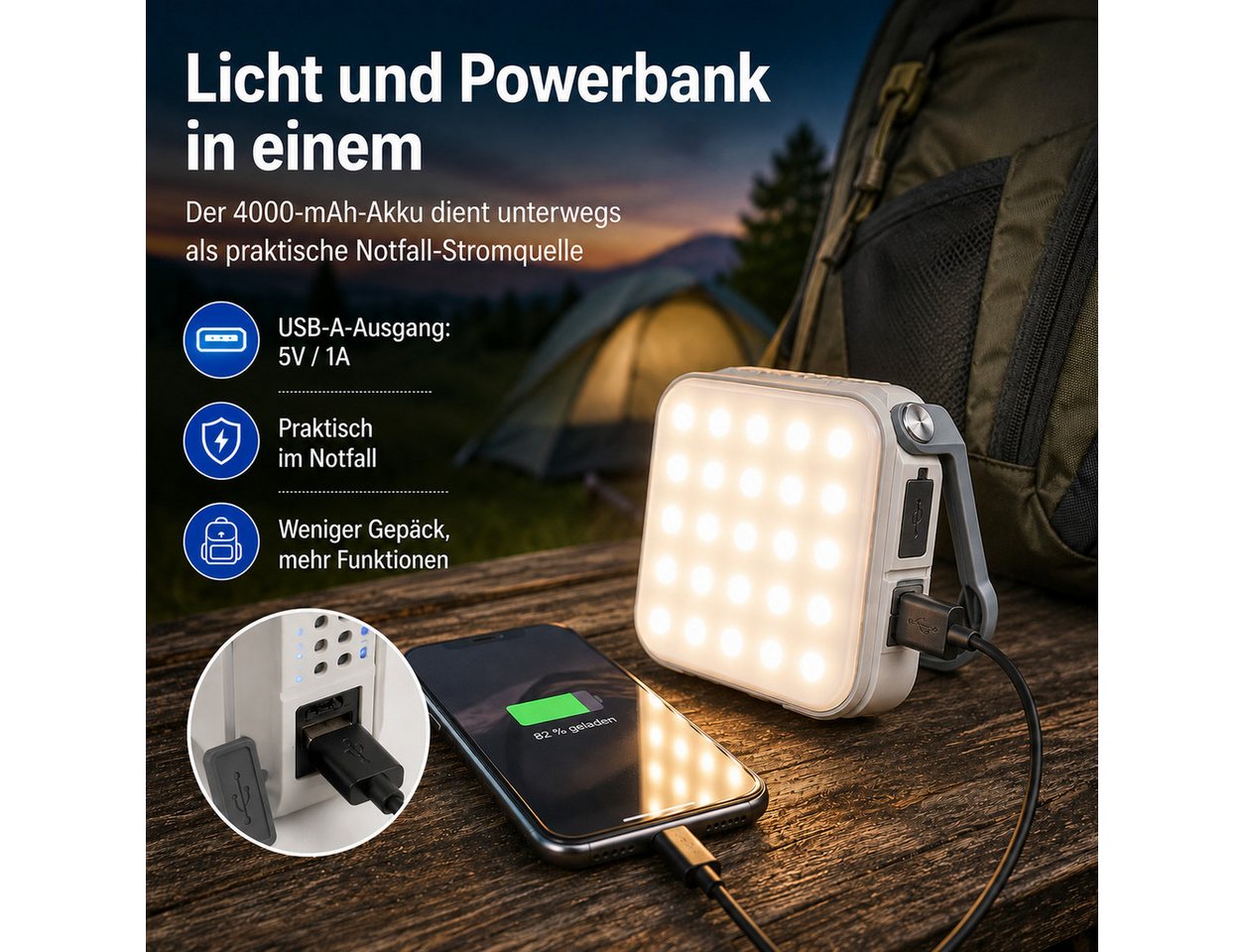 Lisabonde LED Laterne LED Solar Campinglampe & Powerbank 4000mAh, 800 Lumen, Dimmbar IPX4, LED fest integriert, Neutralweiß, Kaltweiß, Warmweiß, Tageslichtweiß, Solarpanel, Powerbank-Funktion, IPX6 Wasserdicht, Dimmbar Bild 2
