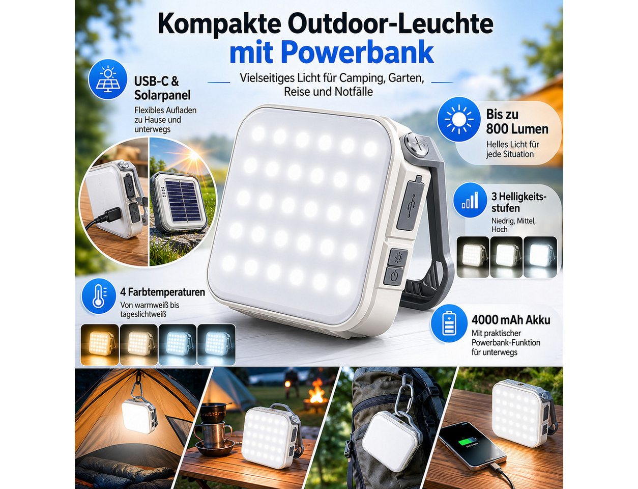 Lisabonde LED Laterne LED Solar Campinglampe & Powerbank 4000mAh, 800 Lumen, Dimmbar IPX4, LED fest integriert, Neutralweiß, Kaltweiß, Warmweiß, Tageslichtweiß, Solarpanel, Powerbank-Funktion, IPX6 Wasserdicht, Dimmbar Bild 3