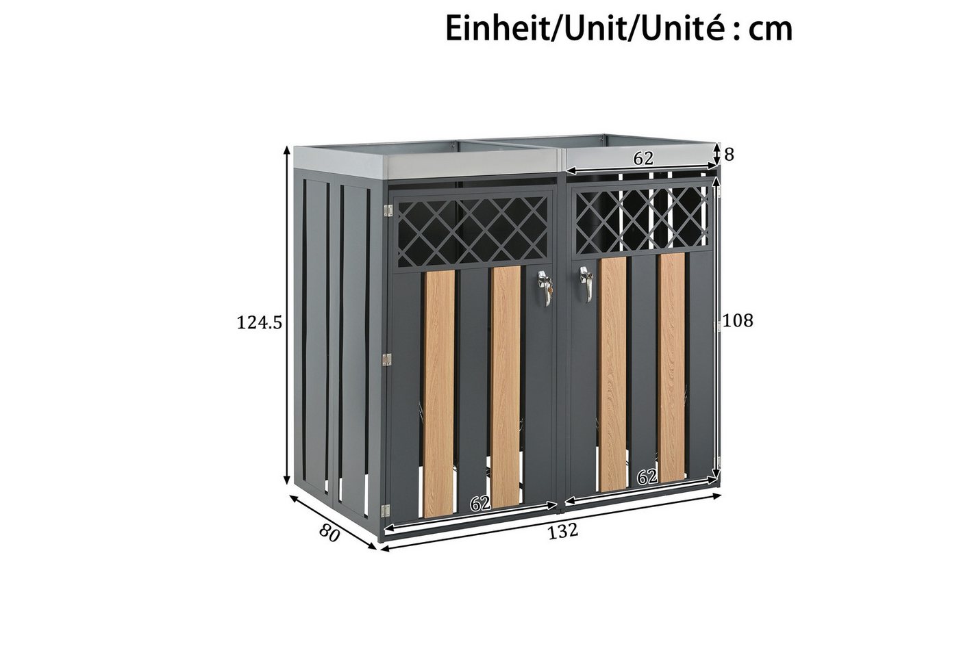 Merax Mülltonnenbox abschließbar mit integriertem Pflanzgefäß & 2 separaten Fächern (1 St), Mülltonnenverkleidung mit Rauten-Lüftungsschlitzen & Holzoptik Türen Bild 5