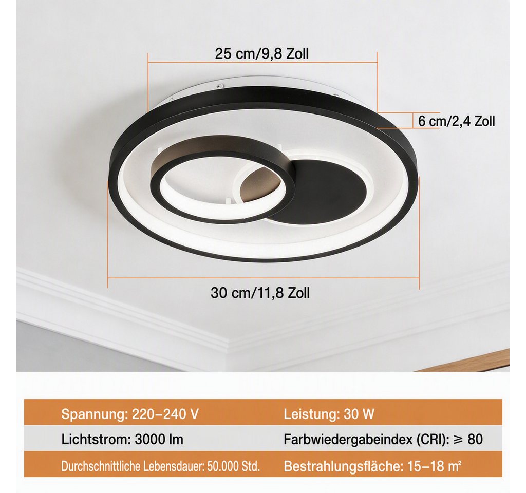 BlingBin LED Deckenleuchte Ø30cm Dimmbar Deckenlampe 30W, Runde 3000LM, 30W, LED fest integriert, Neutralweiß, Warmweiß, Kaltweiße, LED fest integriert, 3000-6500k, Modern Runde Wohnzimmer Schlafzimmer
