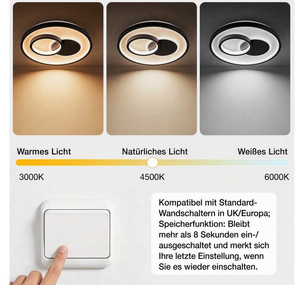 BlingBin LED Deckenleuchte Ø30cm Dimmbar Deckenlampe 30W, Runde 3000LM, 30W, LED fest integriert, Neutralweiß, Warmweiß, Kaltweiße, LED fest integriert, 3000-6500k, Modern Runde Wohnzimmer Schlafzimmer Bild 2