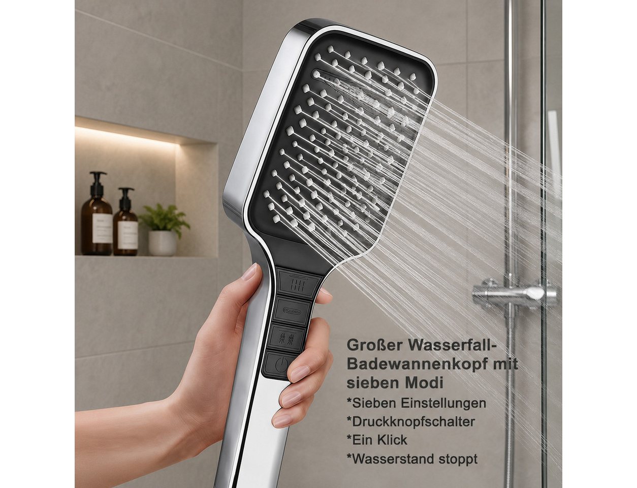 GLIESE POWER Handbrause mit Druckverstärker – 7 Strahlarten, 150 cm Schlauch, ABS, (3-tlg), Druckverstärker, großer Kopf, ABS, einfache Montage, Wasserstopp.