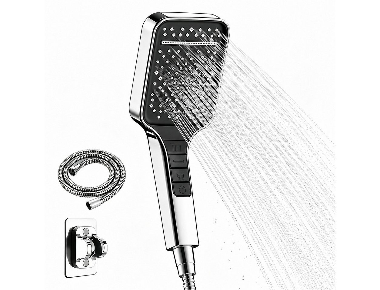 GLIESE POWER Handbrause mit Druckverstärker – 7 Strahlarten, 150 cm Schlauch, ABS, (3-tlg), Druckverstärker, großer Kopf, ABS, einfache Montage, Wasserstopp. Bild 2