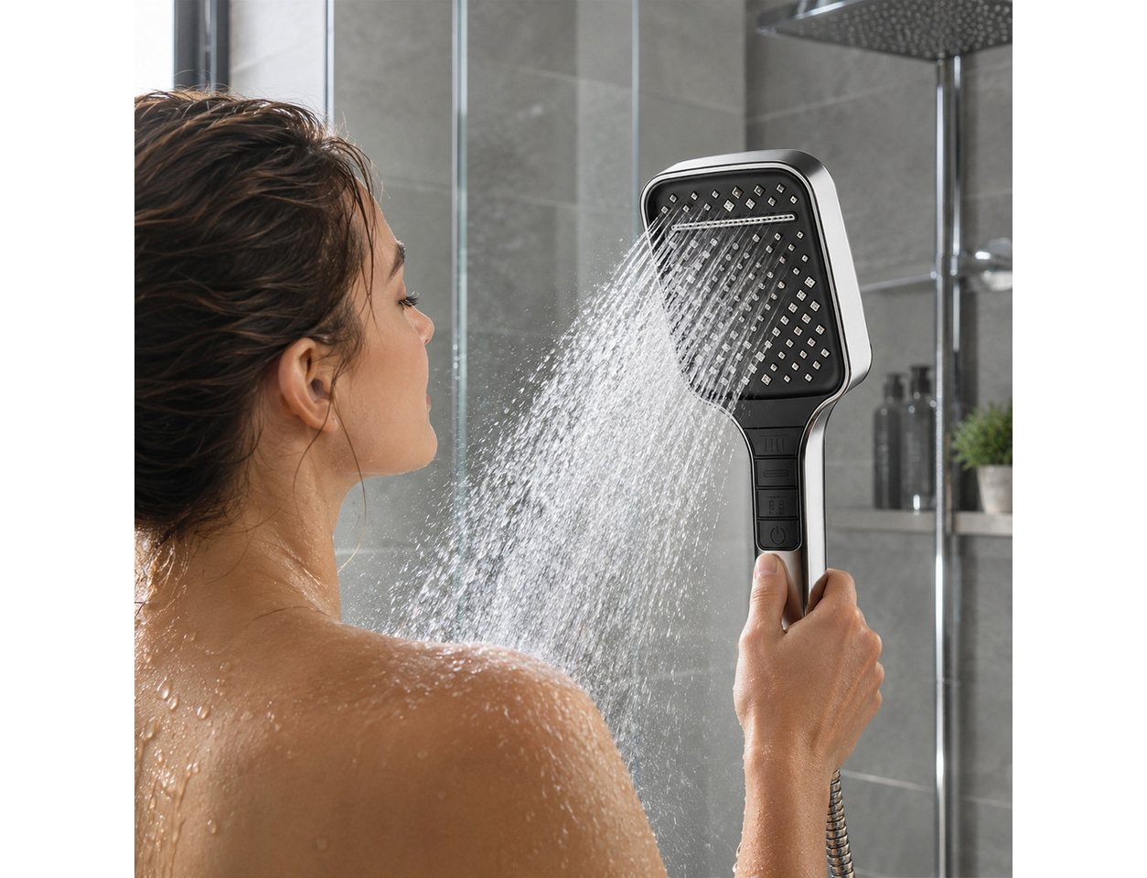 GLIESE POWER Handbrause mit Druckverstärker – 7 Strahlarten, 150 cm Schlauch, ABS, (3-tlg), Druckverstärker, großer Kopf, ABS, einfache Montage, Wasserstopp. Bild 3