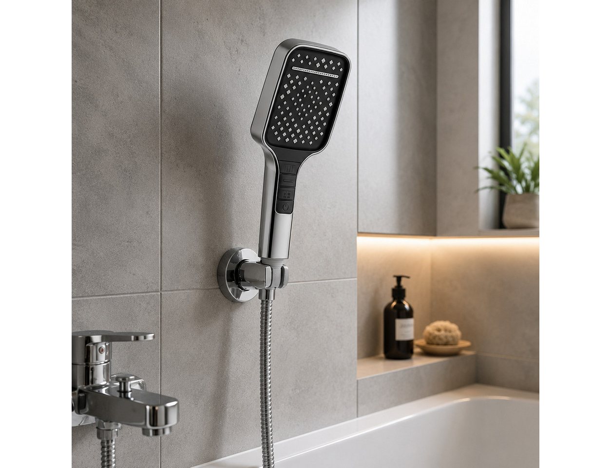 GLIESE POWER Handbrause mit Druckverstärker – 7 Strahlarten, 150 cm Schlauch, ABS, (3-tlg), Druckverstärker, großer Kopf, ABS, einfache Montage, Wasserstopp. Bild 5