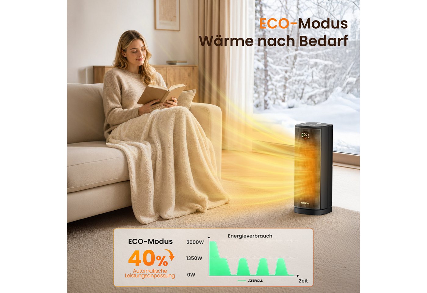 ATEROLL Heizlüfter energiesparend & leise heizgerät,Fernbedienung,Oszillation & Timer, 2000W Keramikheizlüfter mit LED-display, Überhitzungs und Kippschutz Bild 2