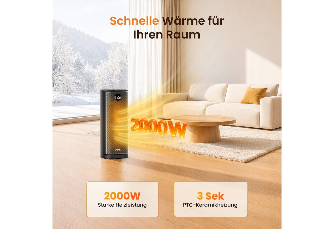 ATEROLL Heizlüfter energiesparend & leise heizgerät,Fernbedienung,Oszillation & Timer, 2000W Keramikheizlüfter mit LED-display, Überhitzungs und Kippschutz Bild 3