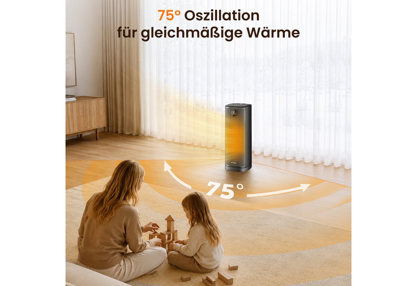 ATEROLL Heizlüfter energiesparend & leise heizgerät,Fernbedienung,Oszillation & Timer, 2000W Keramikheizlüfter mit LED-display, Überhitzungs und Kippschutz Bild 4