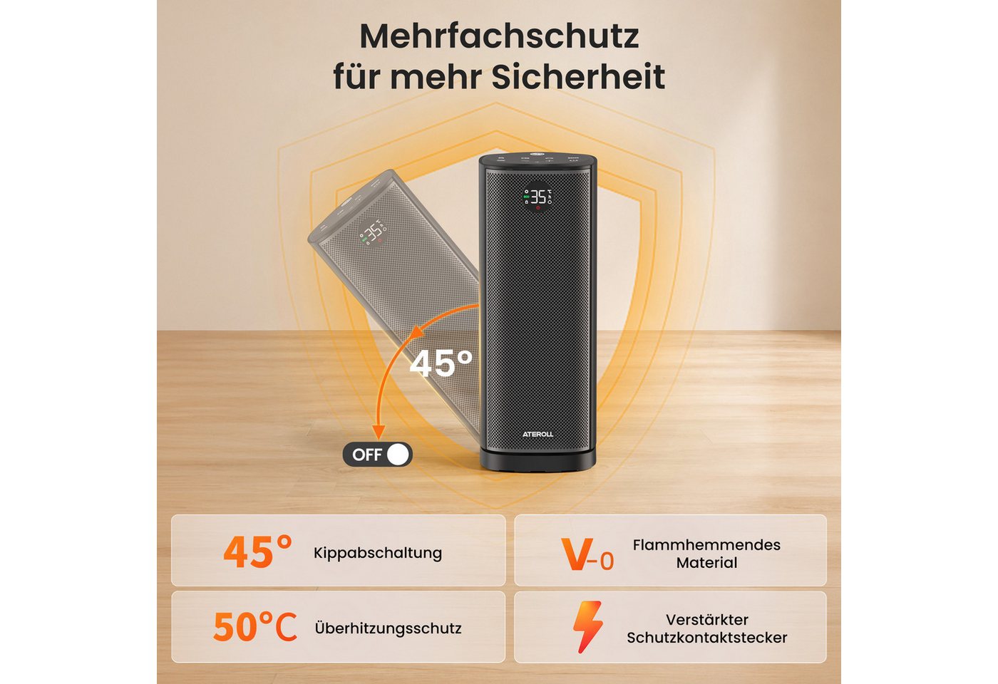 ATEROLL Heizlüfter energiesparend & leise heizgerät,Fernbedienung,Oszillation & Timer, 2000W Keramikheizlüfter mit LED-display, Überhitzungs und Kippschutz Bild 5