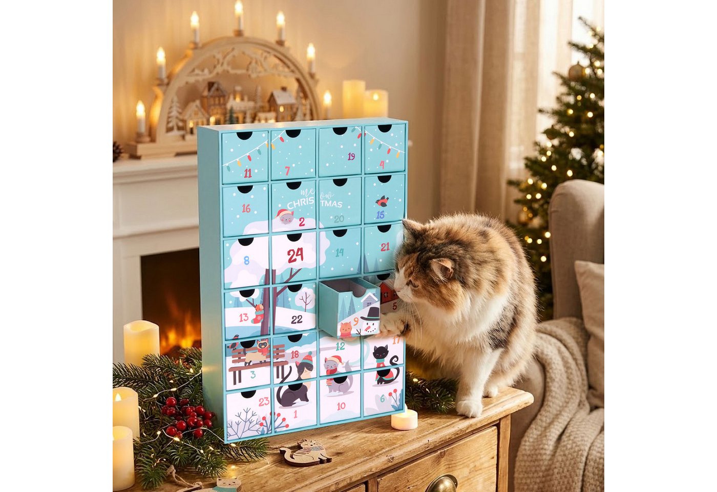 BRUBAKER befüllbarer Adventskalender DIY Weihnachtskalender für Katzen zum Befüllen - Haustier Kalender (mit 24 Türchen, 1-tlg), Kalender für Leckerlis Snacks Süßigkeiten