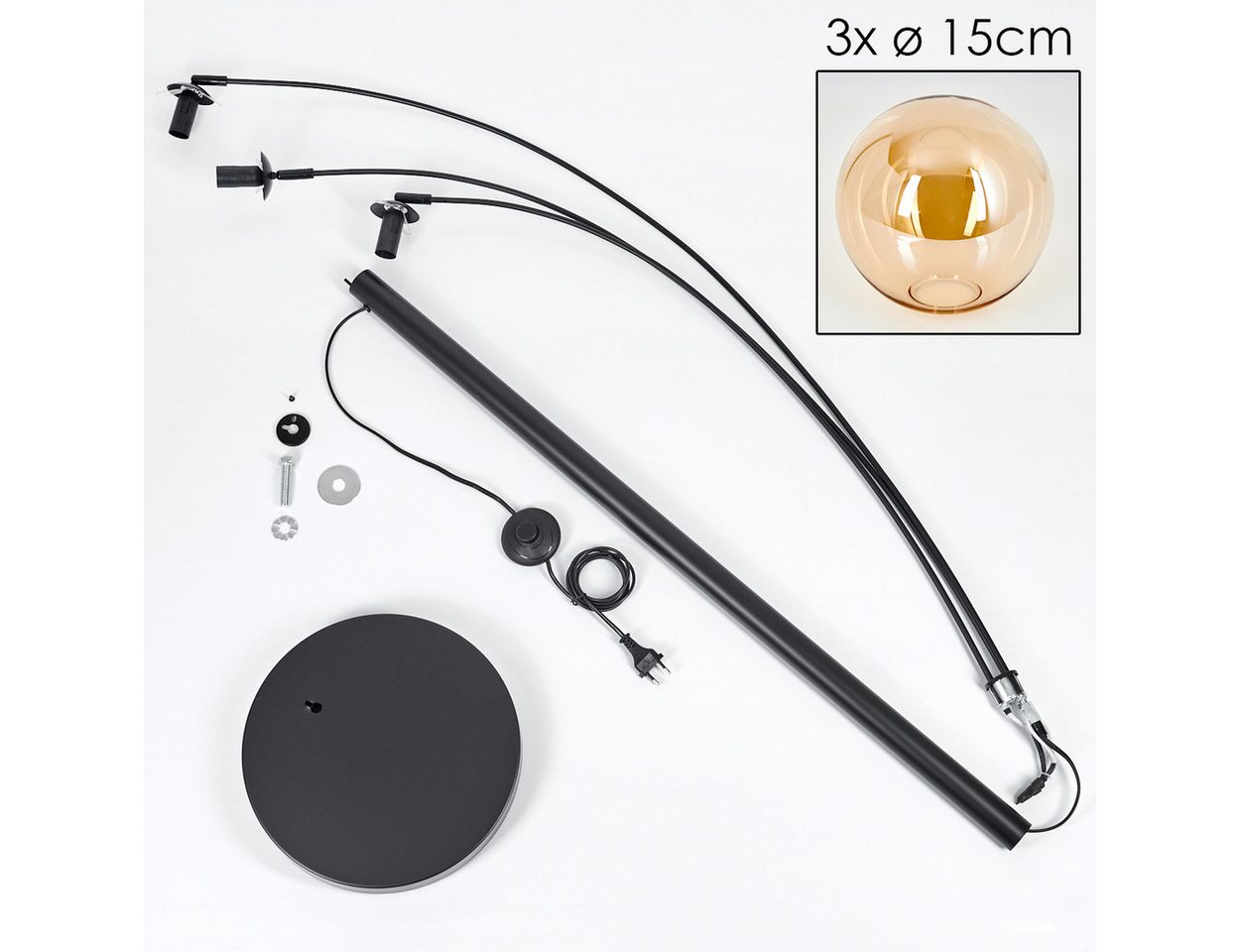 hofstein Stehlampe Stehlampe aus Metall/Glas in Schwarz/Bernsteinfarben, ohne Leuchtmittel, Leuchte mit Glasschirmen (15cm),Schalter, 3 x E14, ohne Leuchtmittel Bild 2