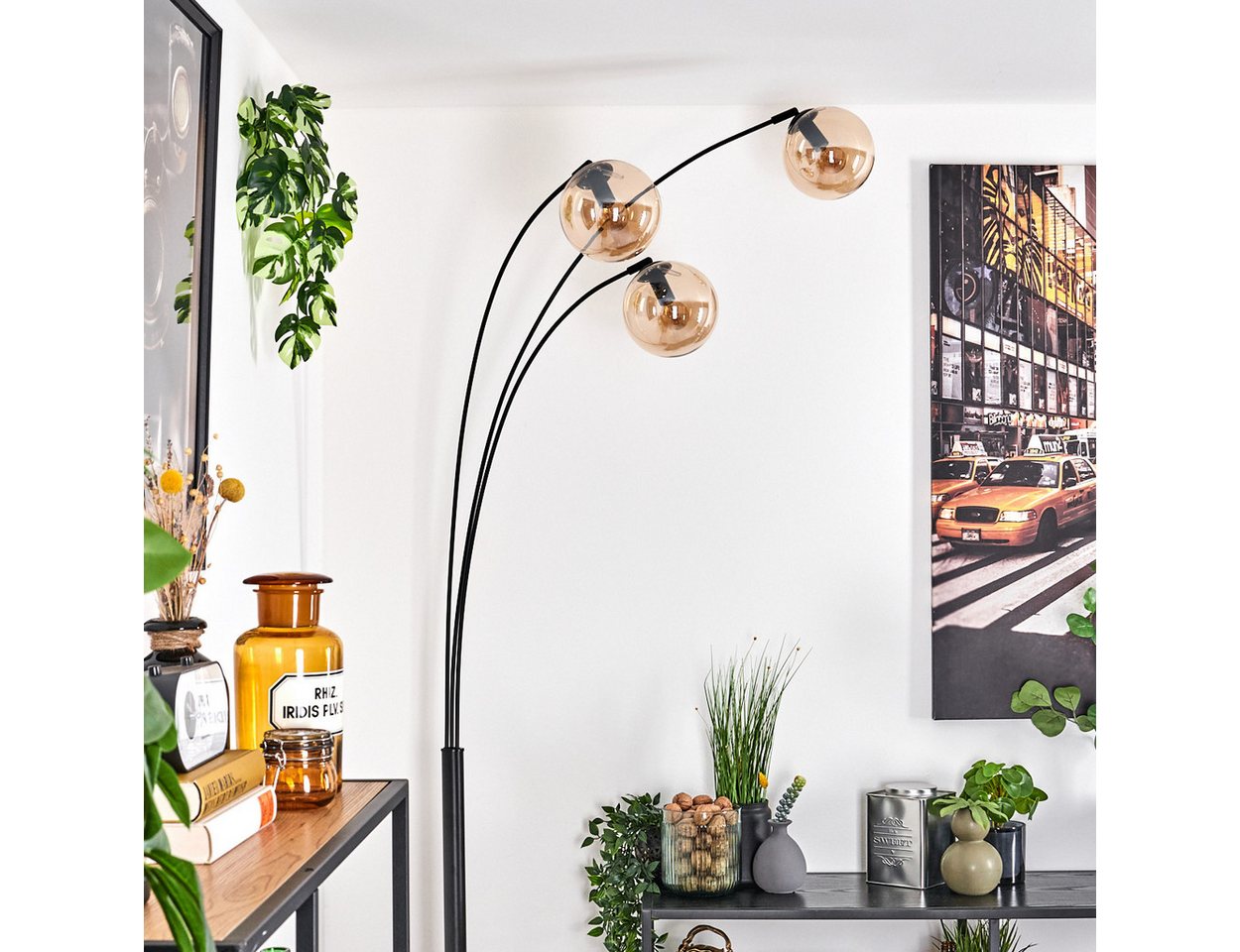 hofstein Stehlampe Stehlampe aus Metall/Glas in Schwarz/Bernsteinfarben, ohne Leuchtmittel, Leuchte mit Glasschirmen (15cm),Schalter, 3 x E14, ohne Leuchtmittel Bild 3