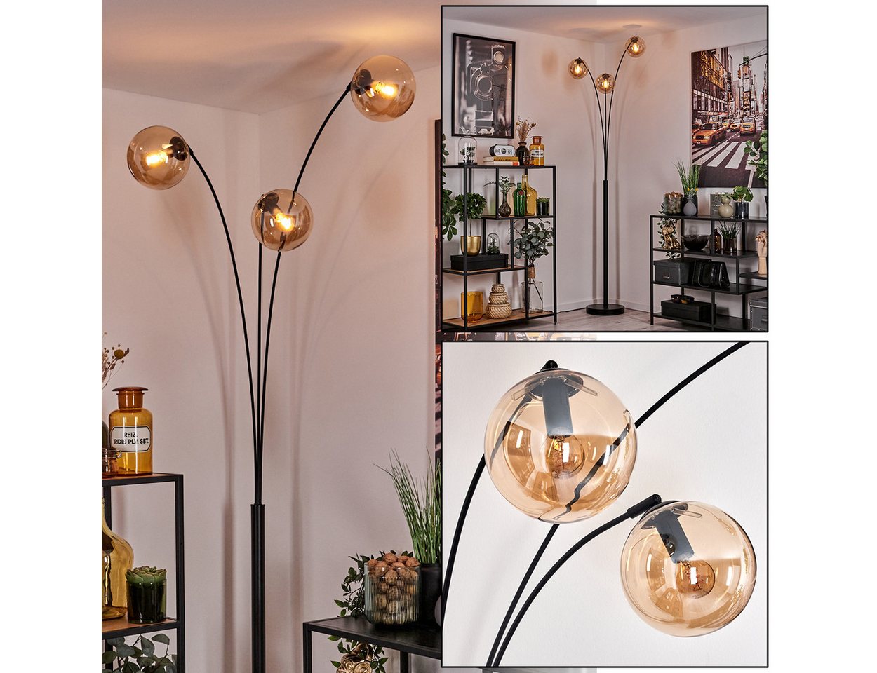 hofstein Stehlampe Stehlampe aus Metall/Glas in Schwarz/Bernsteinfarben, ohne Leuchtmittel, Leuchte mit Glasschirmen (15cm),Schalter, 3 x E14, ohne Leuchtmittel Bild 5