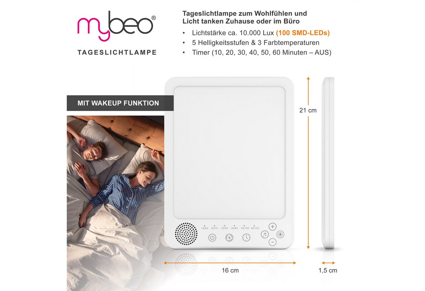 MyBeo Tageslichtlampe LED Lichttherapielampe, Lichtdusche, Tageslichtleuchte mit Standfuß, Dimmfunktion, verschiedene Lichtmodi, LED fest integriert, Neutralweiß, Kaltweiß, Tageslichtweiß, Simuliert Tageslicht, dimmbar, 3 Lichtmodi, UV-frei, Wake-Up-Funktion