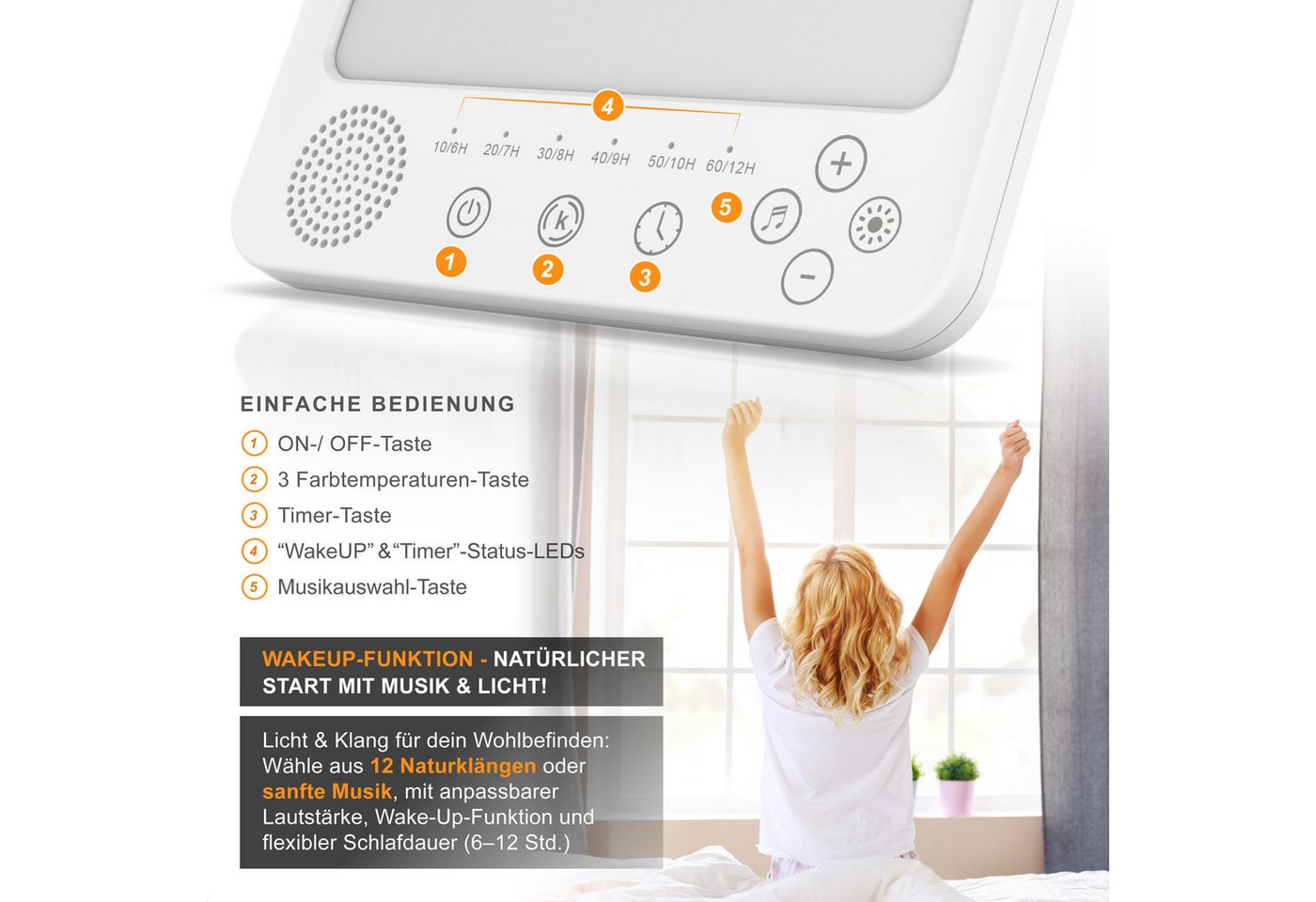 MyBeo Tageslichtlampe LED Lichttherapielampe, Lichtdusche, Tageslichtleuchte mit Standfuß, Dimmfunktion, verschiedene Lichtmodi, LED fest integriert, Neutralweiß, Kaltweiß, Tageslichtweiß, Simuliert Tageslicht, dimmbar, 3 Lichtmodi, UV-frei, Wake-Up-Funktion Bild 3
