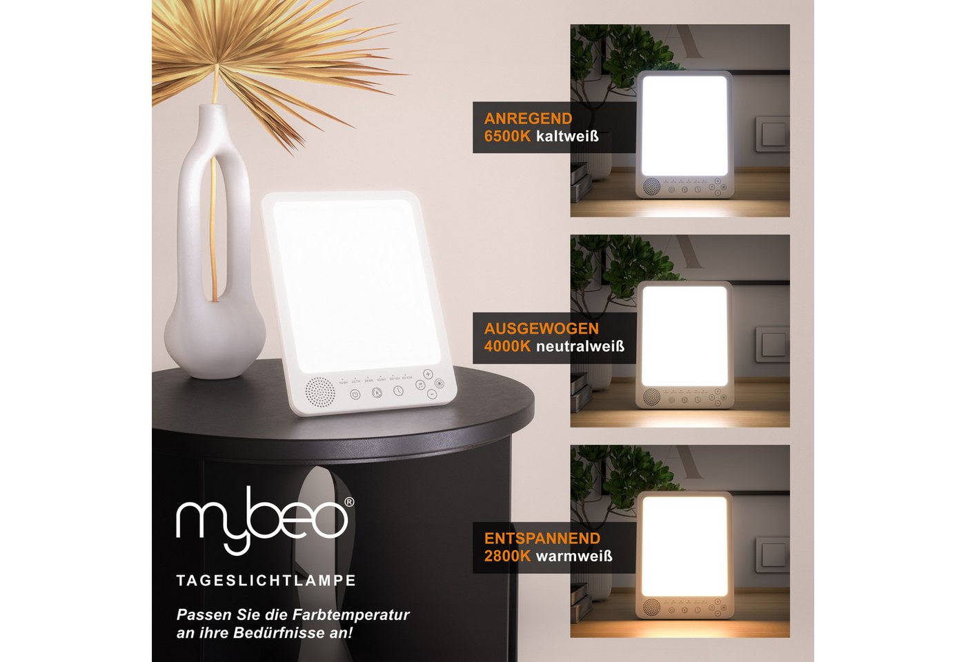 MyBeo Tageslichtlampe LED Lichttherapielampe, Lichtdusche, Tageslichtleuchte mit Standfuß, Dimmfunktion, verschiedene Lichtmodi, LED fest integriert, Neutralweiß, Kaltweiß, Tageslichtweiß, Simuliert Tageslicht, dimmbar, 3 Lichtmodi, UV-frei, Wake-Up-Funktion Bild 4