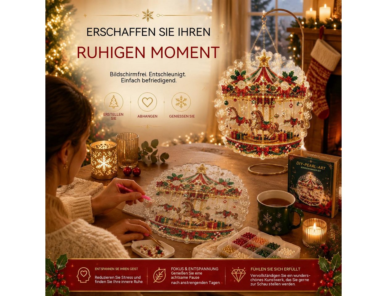 CLTYQ Kreativset Diamond Painting weihnachten,Weihnachtsfigur,Karussell-Design, Weihnachtsbaum DIY Set,Fensterdeko zum Aufhängen Bild 2