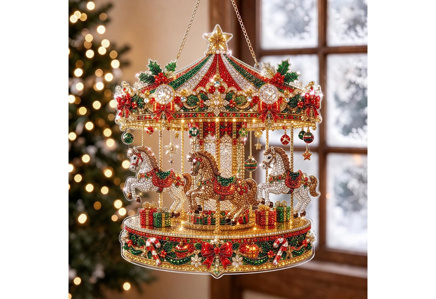 CLTYQ Kreativset Diamond Painting weihnachten,Weihnachtsfigur,Karussell-Design, Weihnachtsbaum DIY Set,Fensterdeko zum Aufhängen Bild 4