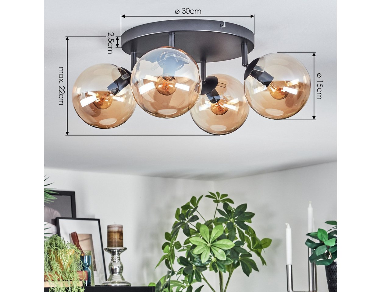 hofstein Deckenleuchte Deckenlampe aus Metall/Glas in Schwarz/Bernsteinfarben, verstellbare Deckenleuchte im Retro-Design (Schirme 15 cm), 4 x E14 Bild 2