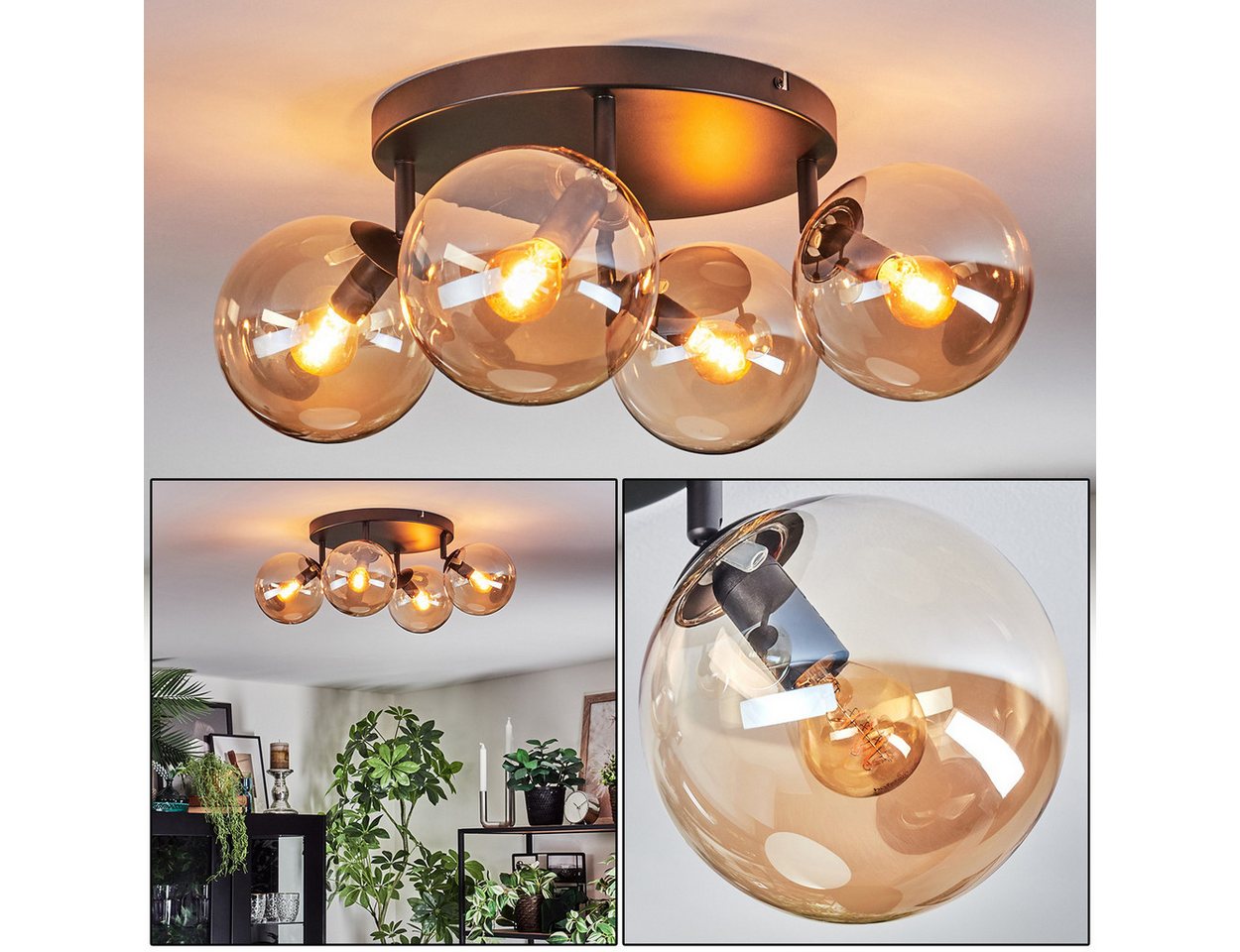 hofstein Deckenleuchte Deckenlampe aus Metall/Glas in Schwarz/Bernsteinfarben, verstellbare Deckenleuchte im Retro-Design (Schirme 15 cm), 4 x E14 Bild 3