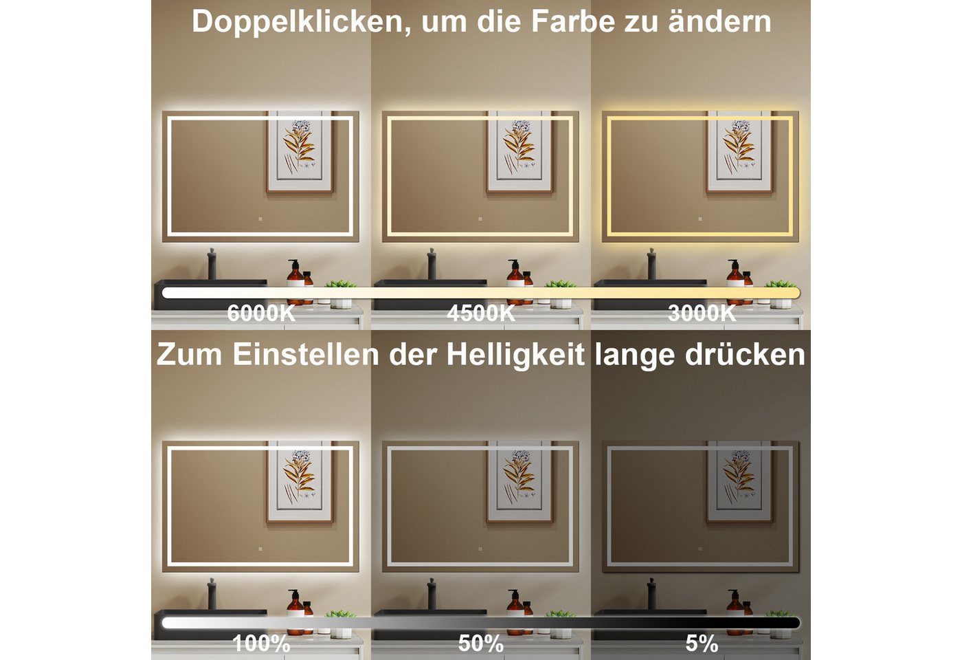 Duschparadies GmbH Badspiegel mit Beleuchtung Anti‑Beschlag 3 Lichtfarben wählbar Bild 4