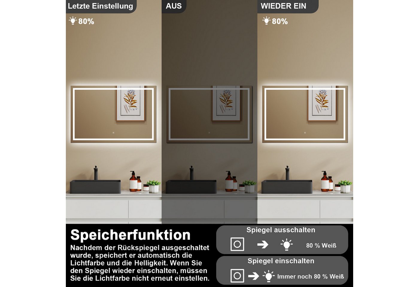 Duschparadies GmbH Badspiegel mit Beleuchtung Anti‑Beschlag 3 Lichtfarben wählbar Bild 5