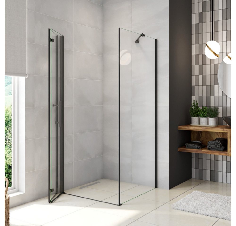 Duschparadies Eckdusche 185cm 6mm ESG Stabilstange Scharniertür Schwarz Duschtür Eckdusche, BxT: 70x90 cm, Sicherheitsglas, ebenerdiger Einbau möglich