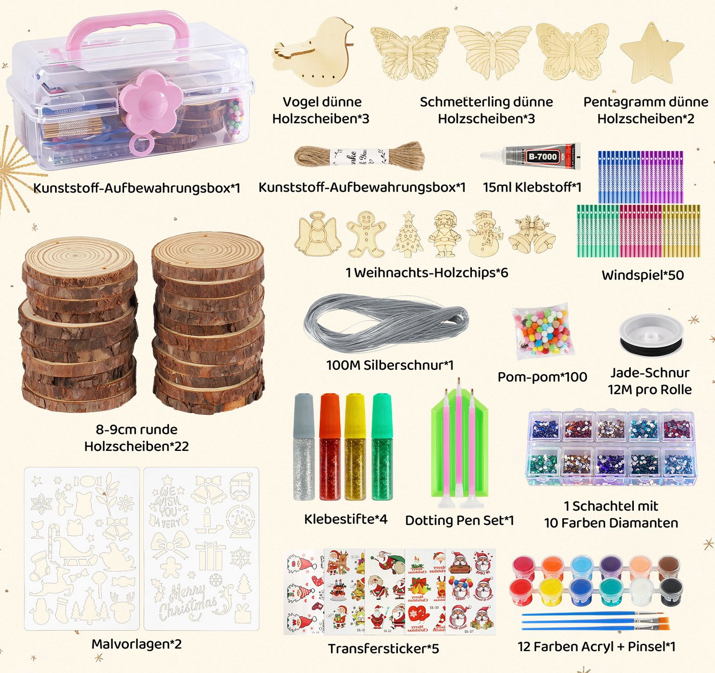 lindahandel Kreativset 201 Stück Holzscheiben zum Bemalen DIY Set Bastelset für Kinder Malen, (201-tlg), Basteln DIY Bemalen, Kreativ Geburtstag Geschenk, Geschenkidee Bild 3