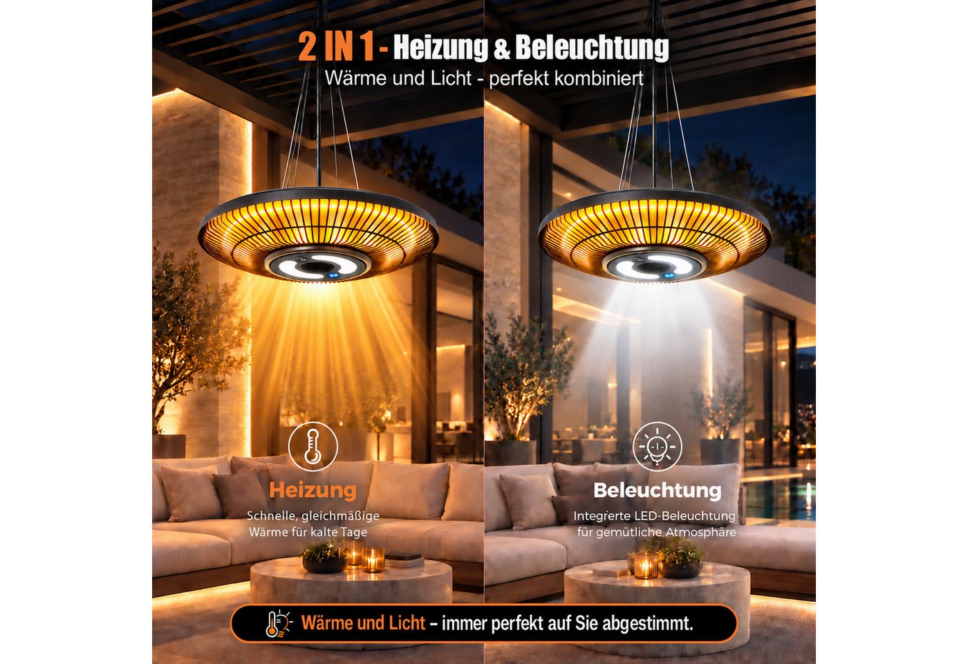 Nettlife Heizstrahler Beleuchtung Infrarot Innen outdoor Infrarotstrahler Fernbedienung, 2000 W, 42*42*59cm 3 Heizstufen praktischer Timer-Funktion für Terrasse Balkon Bild 4
