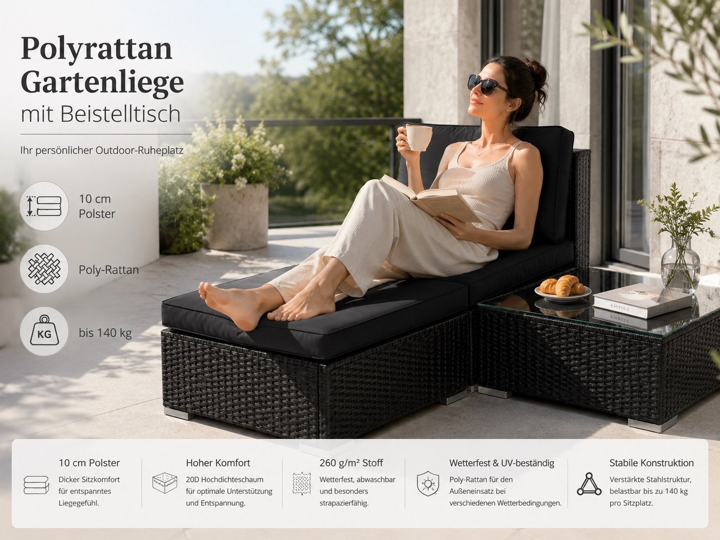 MeXo Gartenlounge-Set Balkonmöbel Set Modulsofa, (Loungesessel mit Beistelltisch, Gartenmöbel Set Klein mit 1 Tisch, 1 Hocker und 1 Sofa), 10 cm Kissen, wetterfest Bild 3