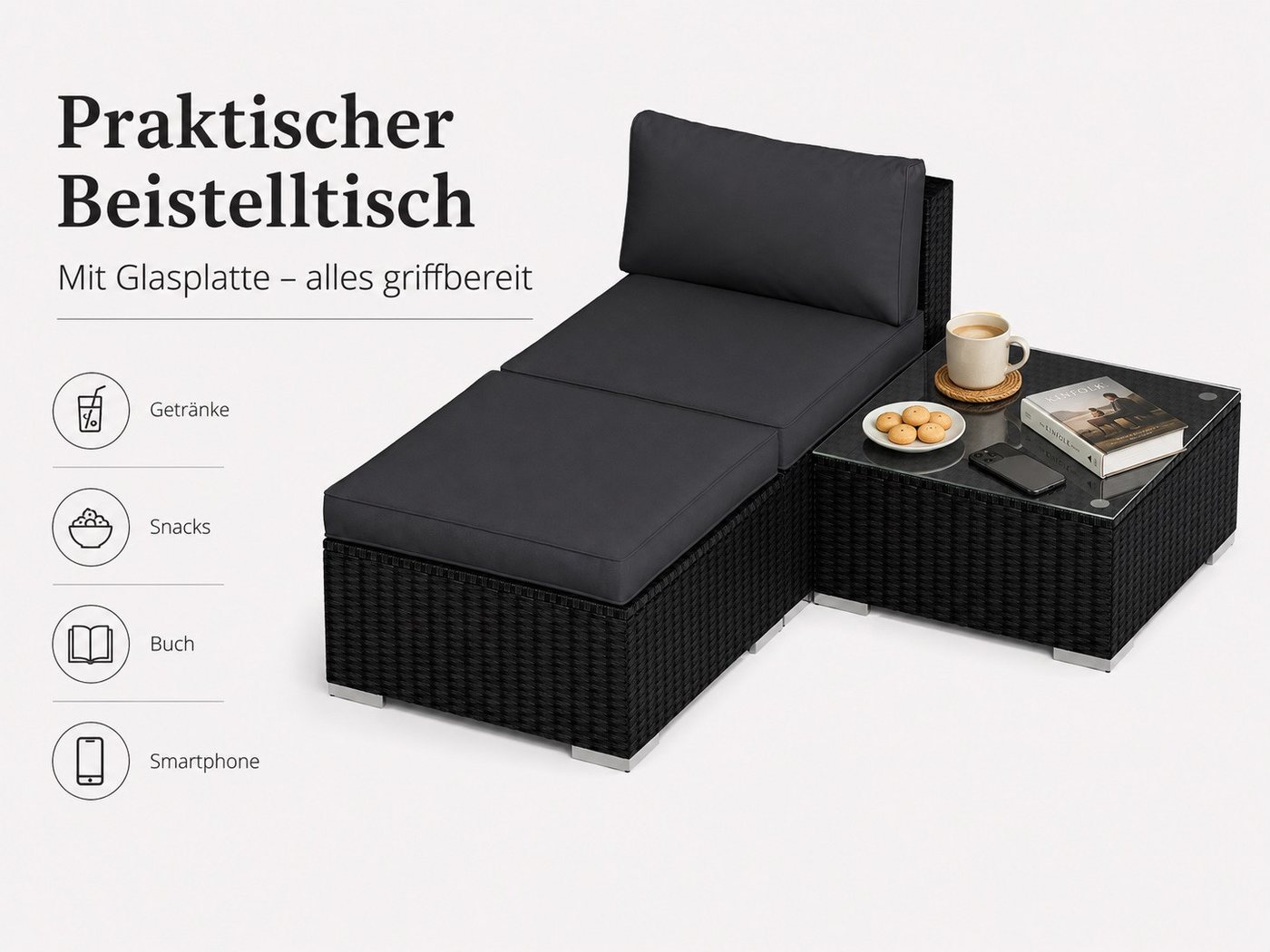MeXo Gartenlounge-Set Balkonmöbel Set Modulsofa, (Loungesessel mit Beistelltisch, Gartenmöbel Set Klein mit 1 Tisch, 1 Hocker und 1 Sofa), 10 cm Kissen, wetterfest Bild 4