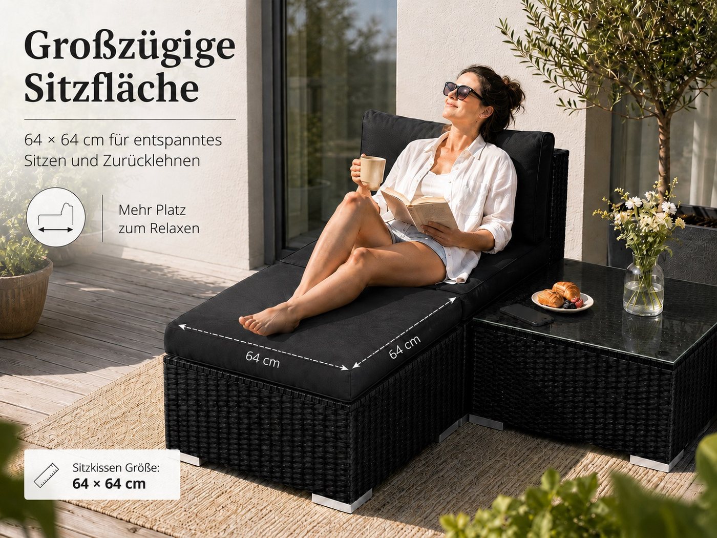 MeXo Gartenlounge-Set Balkonmöbel Set Modulsofa, (Loungesessel mit Beistelltisch, Gartenmöbel Set Klein mit 1 Tisch, 1 Hocker und 1 Sofa), 10 cm Kissen, wetterfest Bild 5