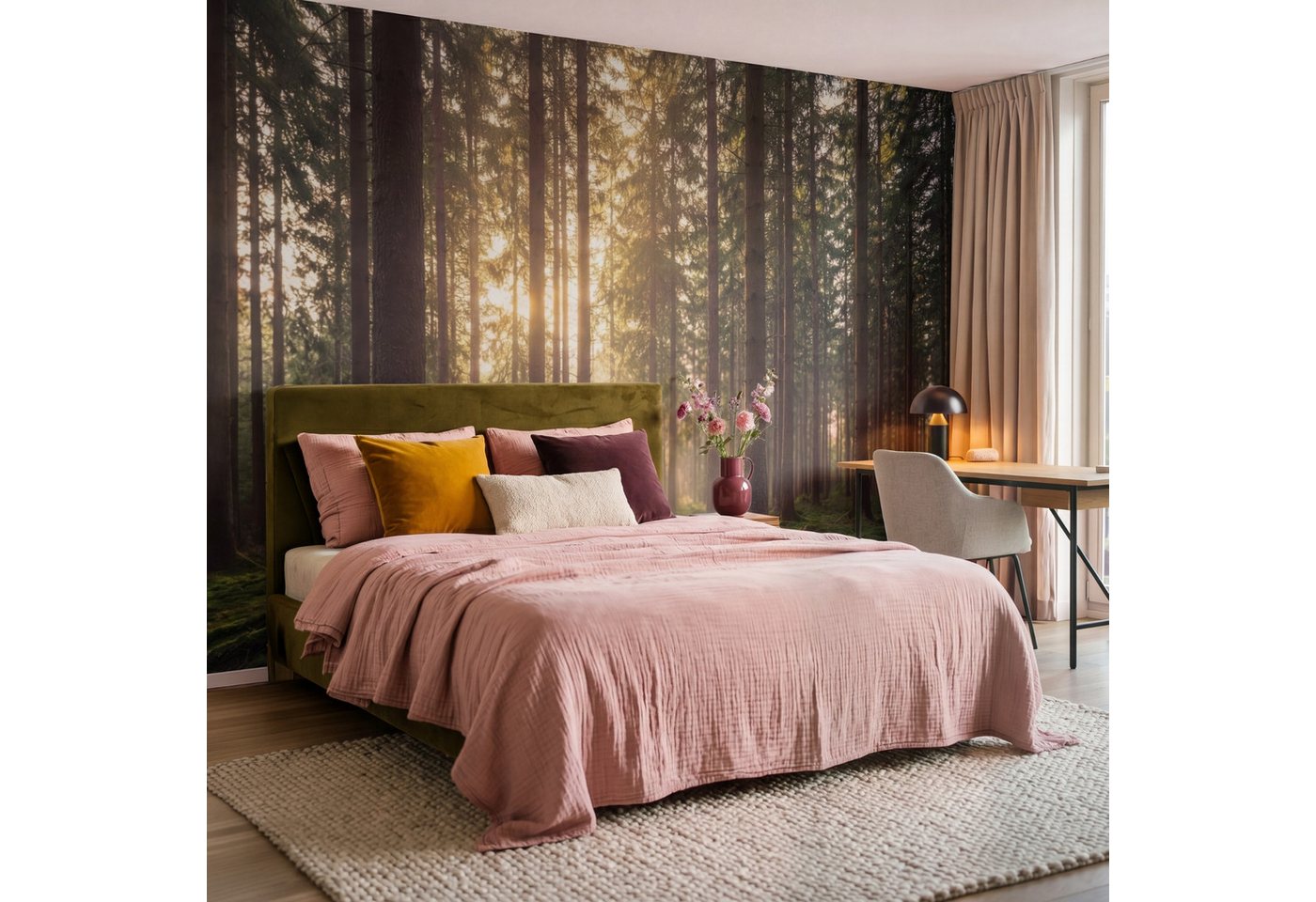 OnlyWow Fototapete Wald - Gras - Sonnenlicht, Matt, bedruckt, Wohnzimmer, Modern, Wanddekoration, Vliestapete 100x70cm