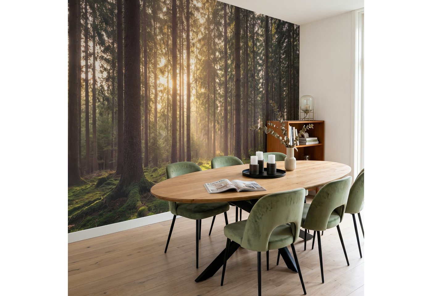 OnlyWow Fototapete Wald - Gras - Sonnenlicht, Matt, bedruckt, Wohnzimmer, Modern, Wanddekoration, Vliestapete 100x70cm Bild 5