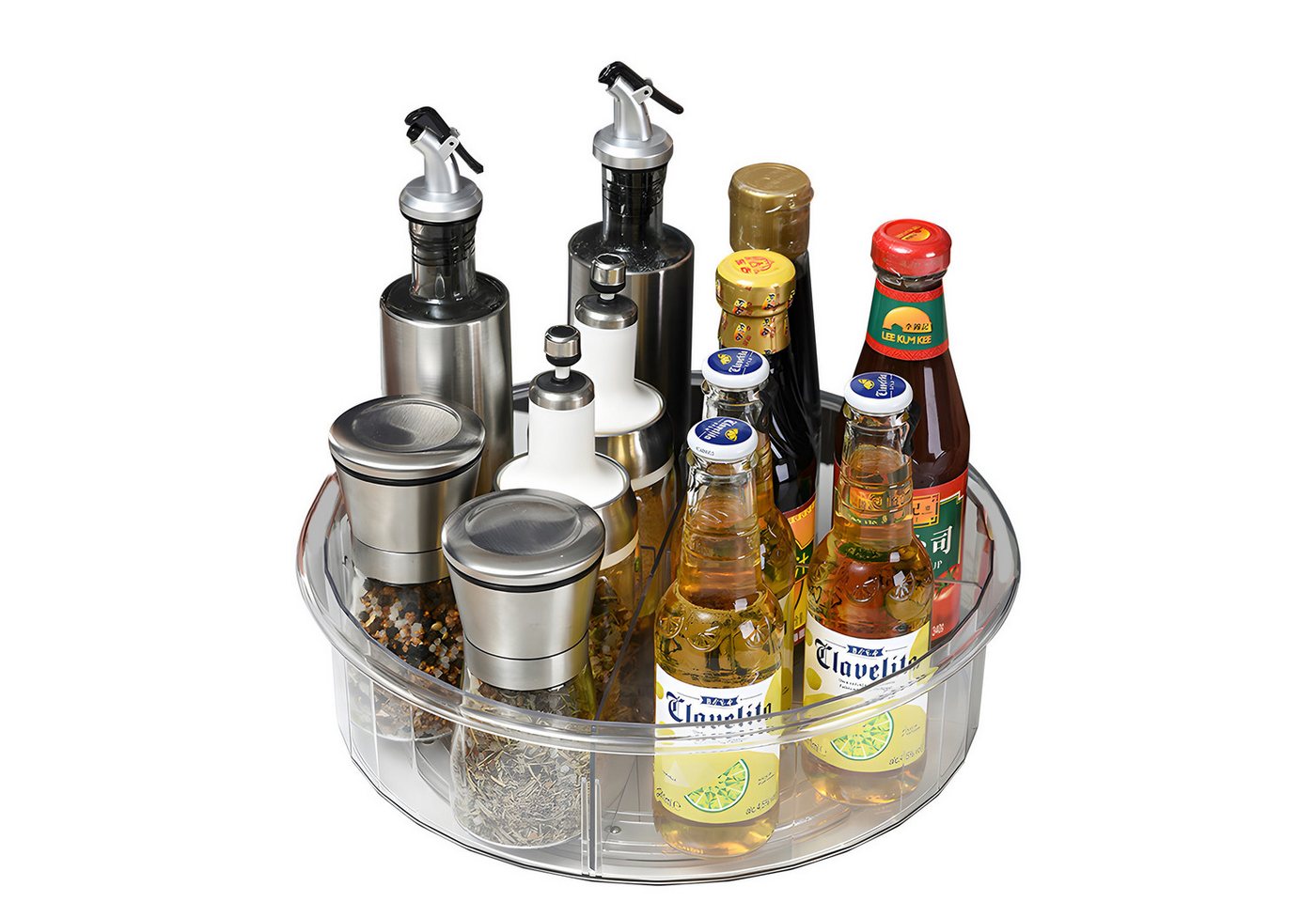 OSTWOLKE Gewürzregal 30cm Drehteller Kühlschrank Organizer für Flaschen, Gewürzen, 360° Drehbar, mit 4 abnehmbare Trennwände