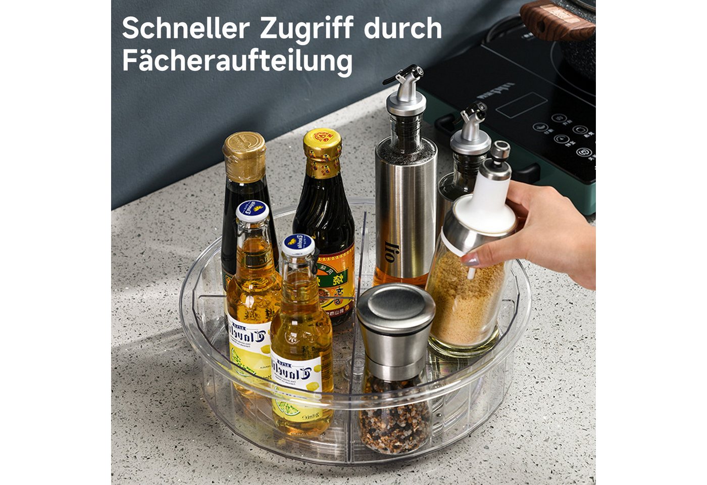 OSTWOLKE Gewürzregal 30cm Drehteller Kühlschrank Organizer für Flaschen, Gewürzen, 360° Drehbar, mit 4 abnehmbare Trennwände Bild 2